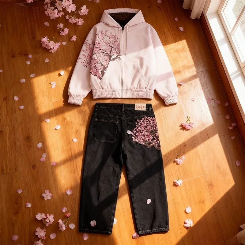 

Harajuku Y2K Cherry Blossom embroidery pattern Hoodie Two Piece Sweatshirt denim fabric American Hip hop Streetwear jeans Set