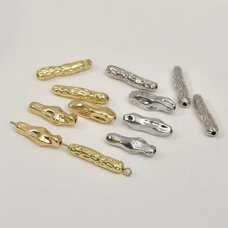 Copper-plated 14k Gold Color Geometric Texture Lava Straight Hole Bead Diy Bracelet Necklace Ear Jewelry Beaded Accessories
