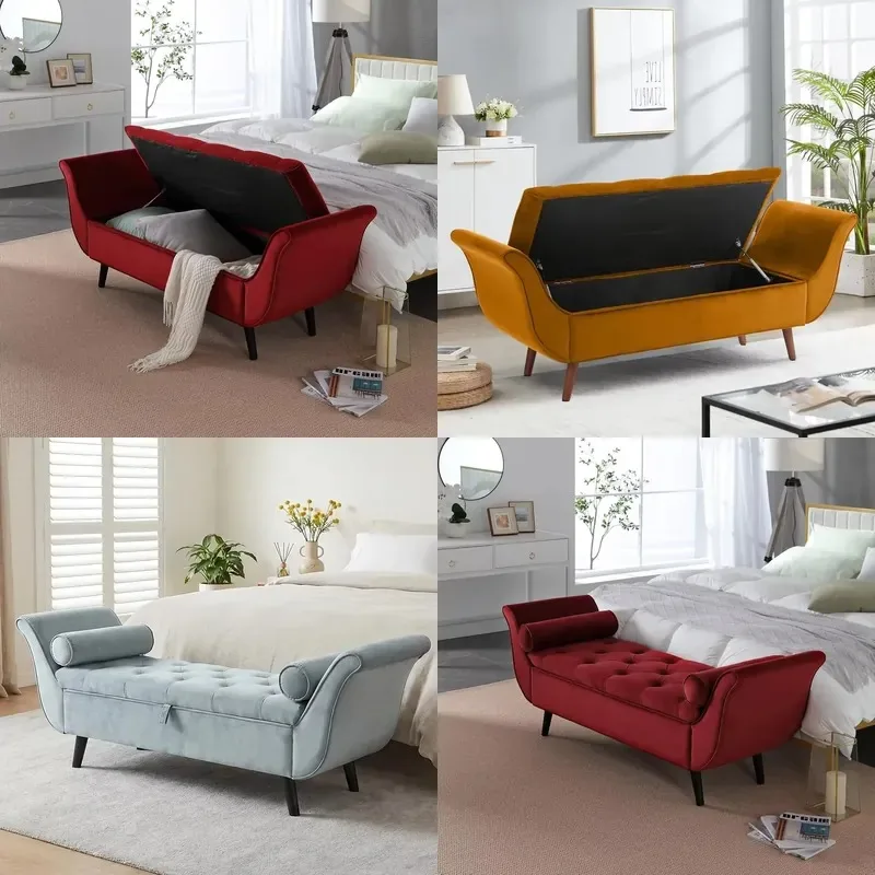 60 Velvet Storage Bench Vintage Farmhouse Padded Curled Armrest Button Tufted Stool for Bedroom Living Room