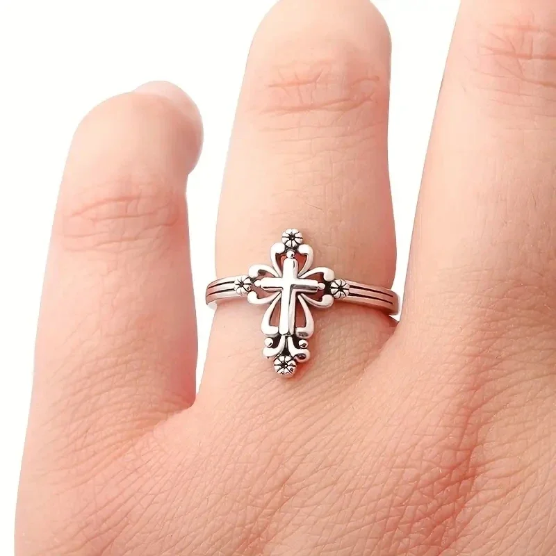 Huitan Religious Cross Finger Rings Women for Jesus Christ Antique Silver Color Simple Stylish Female Rings Jewelry Friend Gifts