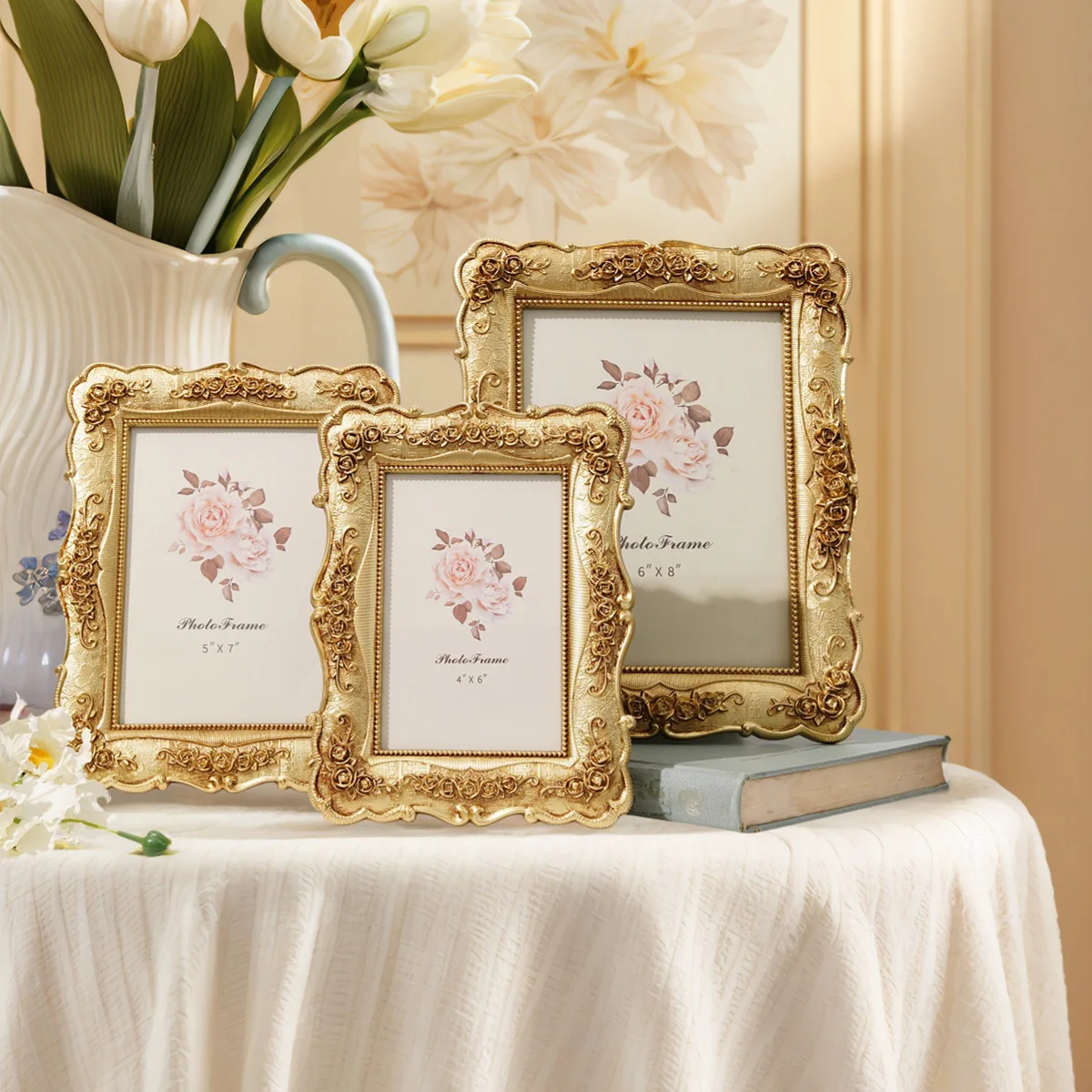 1PC, European-style Rectangular Golden Rose Relief Decorative Photo Frame