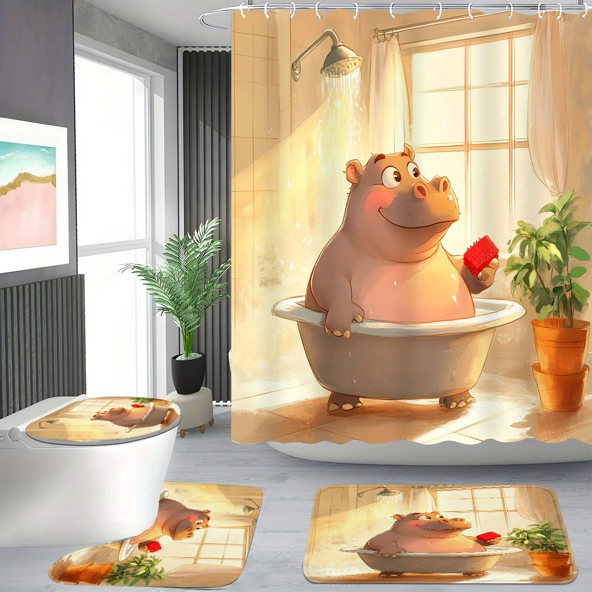 4pcs Shower Curtain Set, Cute Hippo Bathing Design, Modern Bathroom Decor, Includes 12 Hooks, Non-Slip Bath Mat, U-Shaped