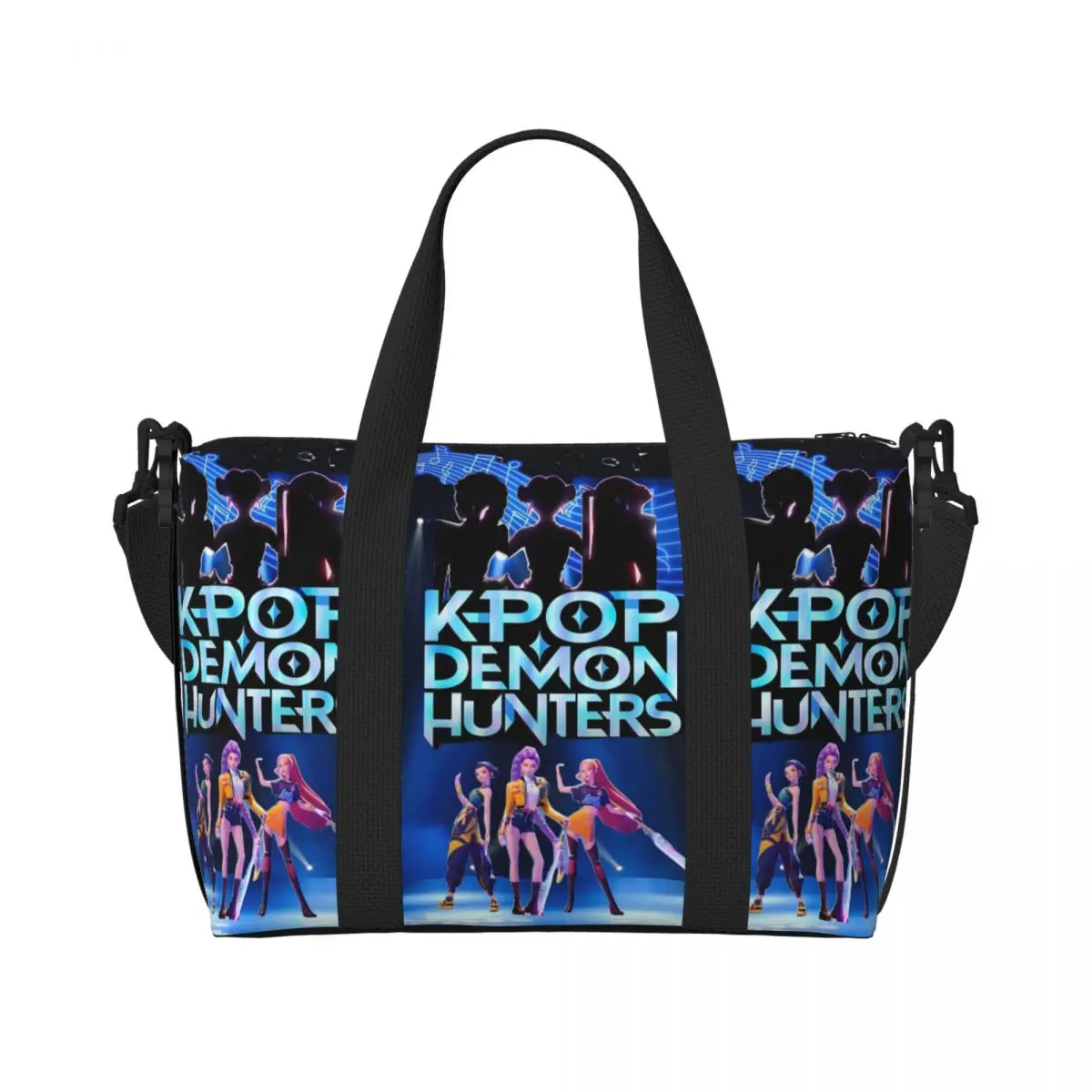 

Custom Kpop Hunter Demons Beach Tote Bag for Women Extra Large Gym Carry On Huntrix Travel Shopping Bags