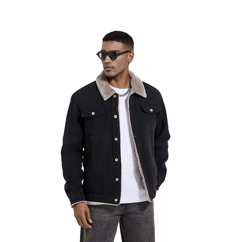 Men's Washed Denim Jacket Wholesale Fall/Winter Jacket Thickened Fleece-Lined Casual European and American Retro Jacket