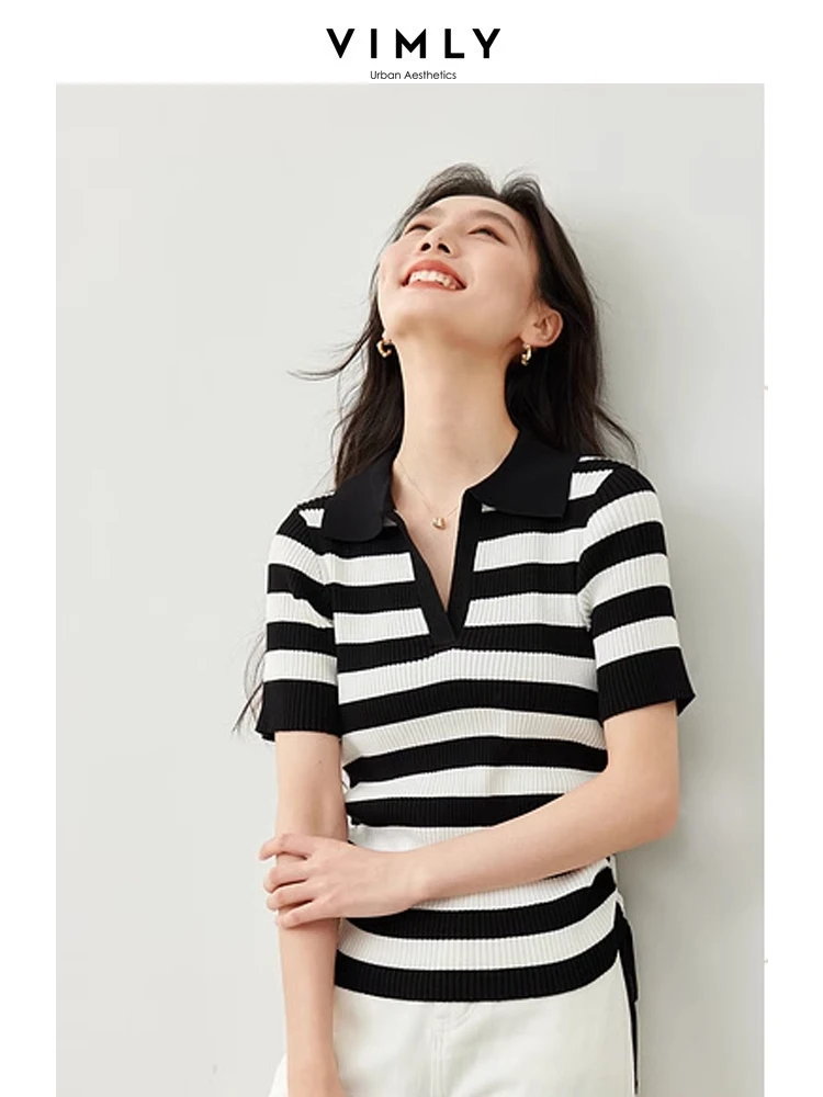 Vimly Classic Black White Striped Short Sleeve T-shirt 2024 Summer New Polo Collar Side Drawstring High Stretth Knit Tops 30118