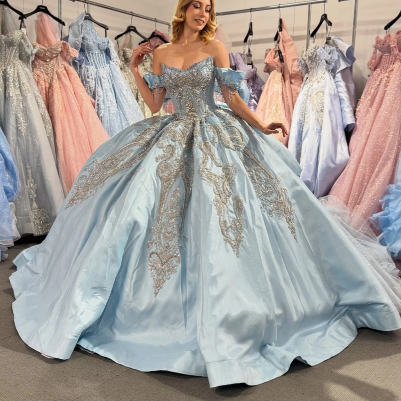 

Light Blue Shiny Ball Gown Quinceanera Dresses Applique Lace Beading Crystal Tull Bow Corset Off Shoulder Sweet 16 Dress vestido