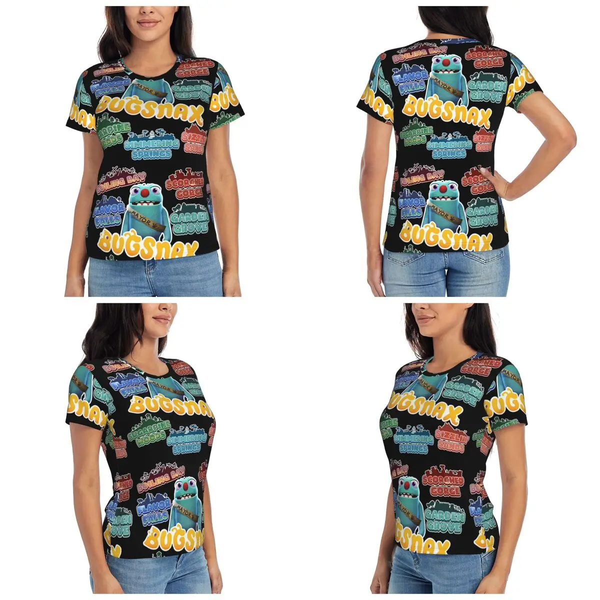 Bugsnax Locations Fan Art Pack Black Kinda Bug T-Shirt for Women Round Neck Streetwear T Shirts Women's Short Sleeve