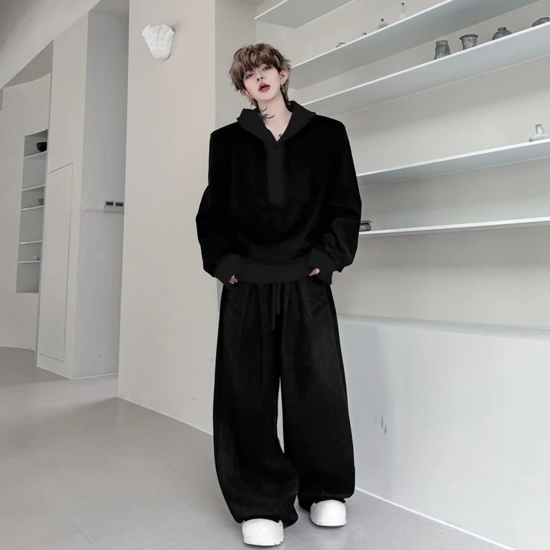 Männer der 2025 Herbst Neue High-End 2 stücke Lose Kontrast Farbe Spleißen Mit Kapuze Sweatshirts Sport Breite Bein Lange Hosen zwei-Stück Sets