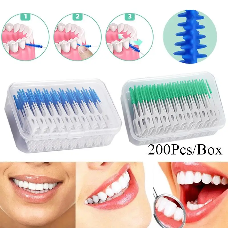 

200Pcs/Box Interdental Silicone Brushes Dental Toothpicks Brush Between Teeth Silicone Toothpicks With Thread Oral Cleaning Tool