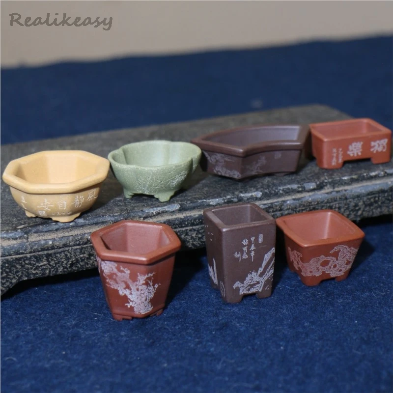 Hand Carving Purple Clay Flower Pot Mini Simple Thumb Flower Pot 7Colors Home Chinese Style Desktop Decoration Flower PotLJ455
