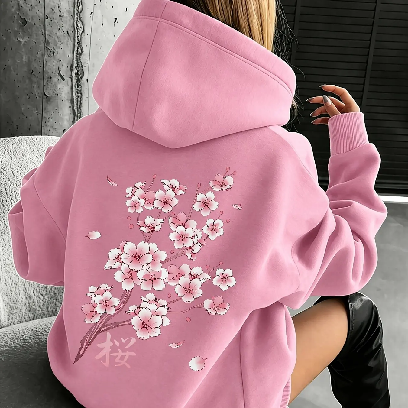 Sakura Japanese Floral Pattern Print Y2K Retro Street Women's Autumn and Winter Long Sleeved Hooded Sweatshirt
