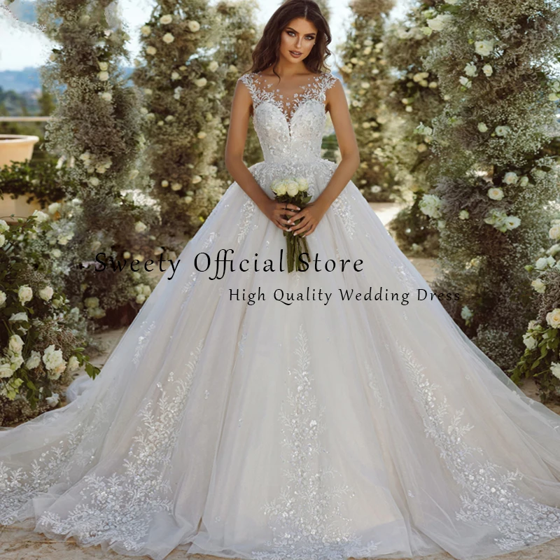 Vintage Wedding Dress Organza With Embroidery Lace Ball Gown O-Neck Sleeveless Bride Dress Button Customized Vestido De Novia