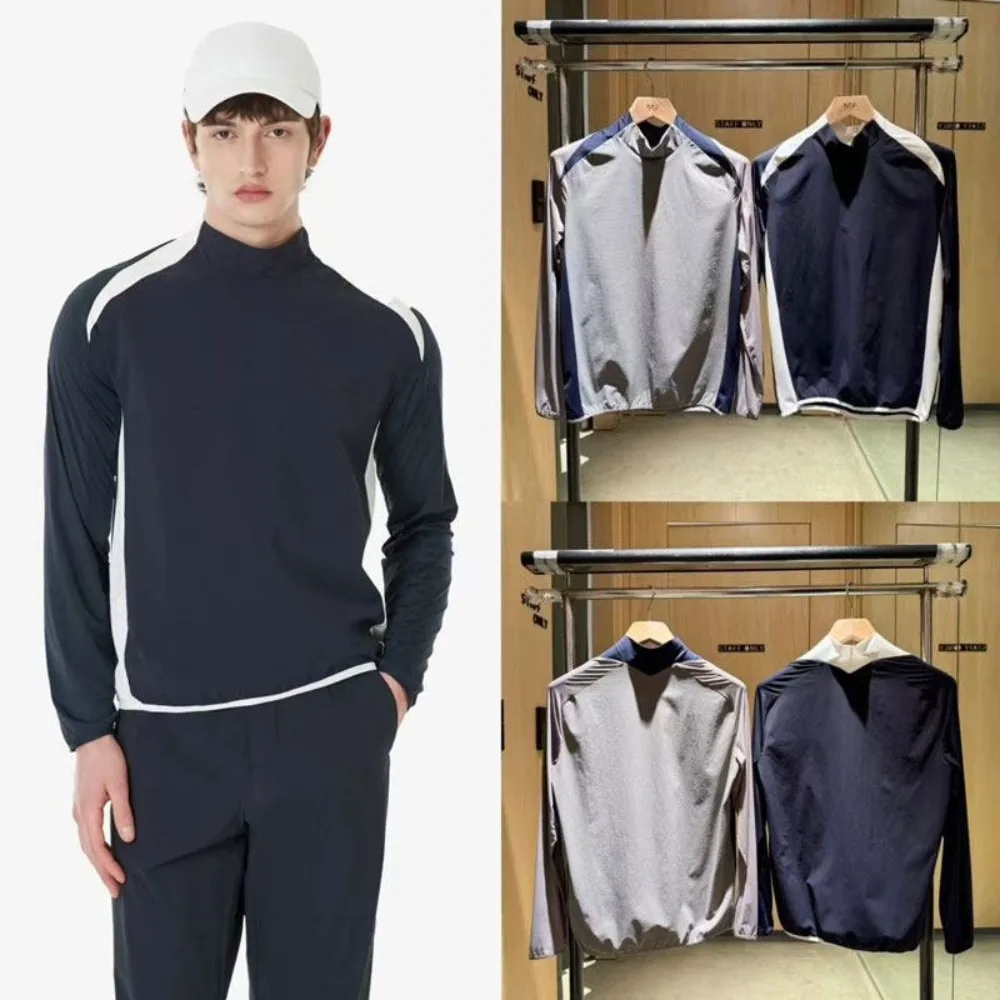 

2026 Summer New Original Korean Golf Spliced High Neck Stretch UV Protection Quick Dry Soft Polyester Long Sleeve Men's T-Shirt