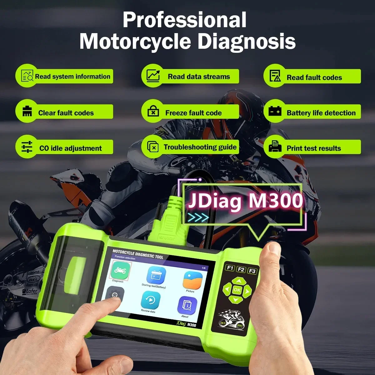 JDiag M300 Motorcycle Diagnostic OBD2 ScannerClear Fault Code ABS Engine Moto Diagnose Tool For Yamaha BMW Ducati Harley Honda