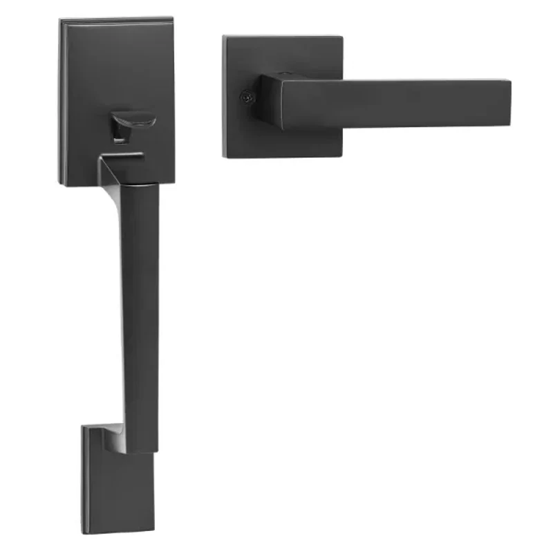 Front Door Handle Matte Black Square Handle Set with Lever Door Handle No Lock Adjustable Hole Space Entry Door Handle