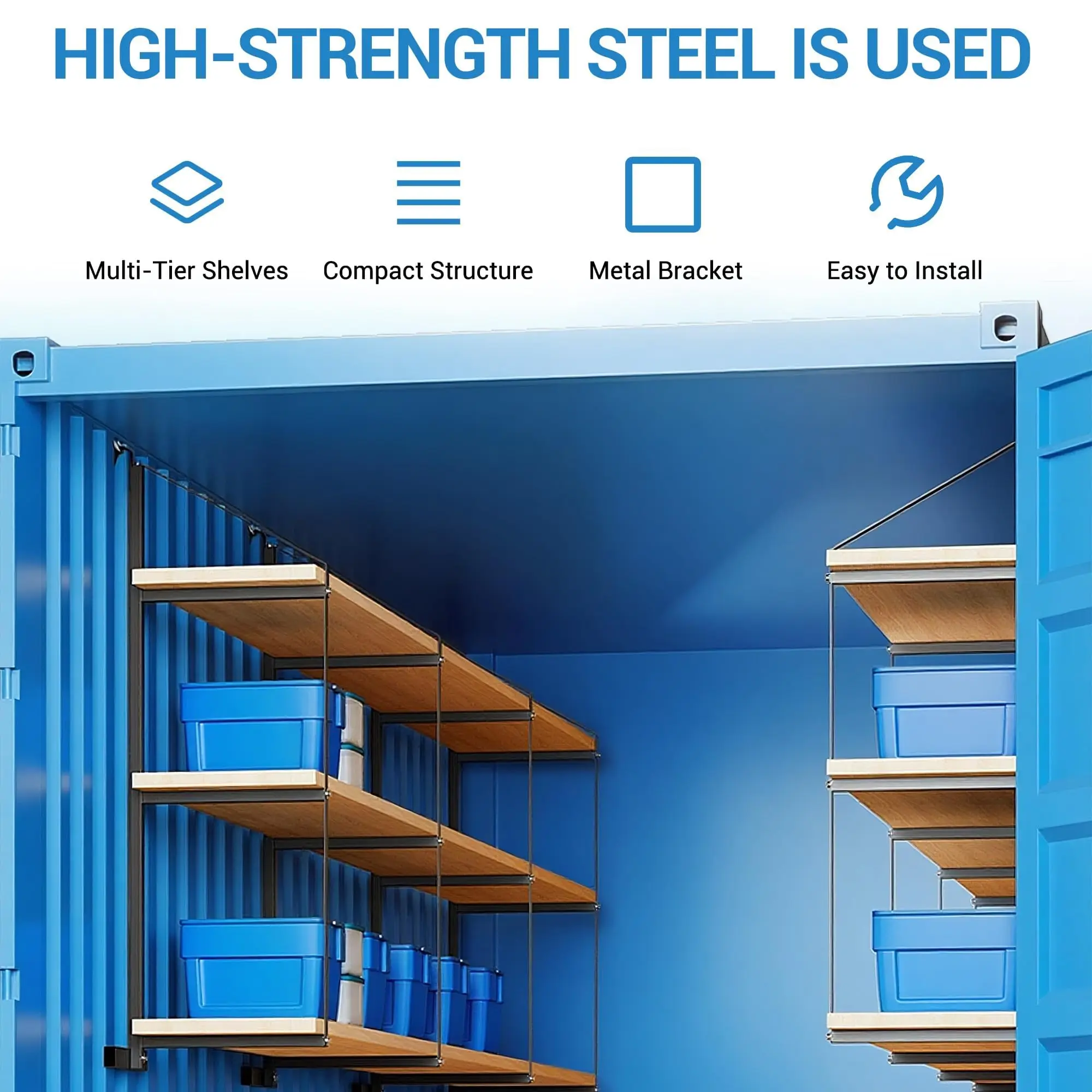 4-Pack 3-Tier Container Shelving Brackets for Cargo Racks - Adjustable Heavy-Duty Steel Hanging Storage System, 22 x 60 in, 1100 lb Capacity, Black Powder-Coated, for Shipping Containers/Garage/Work Trailer