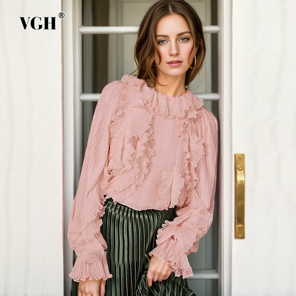 

VGH Solid Patchwork Ruffles Folds Shirts For Women Stand Collar Long Sleeve Minimalist Slimming Blouses Female Fashion Style New