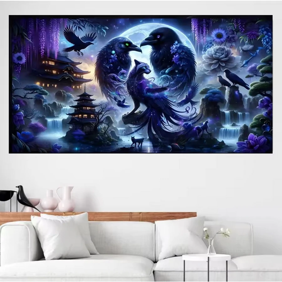 

Алмазная картина 5D DIY Удивительная загадочная ночь Луна Ворона Цветы Картина Полный бриллиант Мозаика Искусство Вышивка крестиком Украшение дома