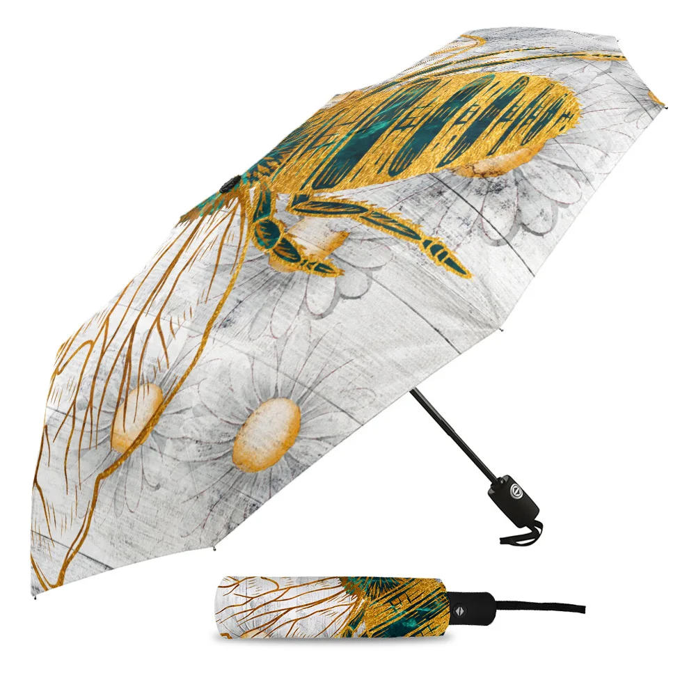 Bee Daisy Marble Wood Grain Fully-automatic Rain Umbrella Outdoor Foldable Sun Umbrella for  Women Males Eight Strands Umbrella