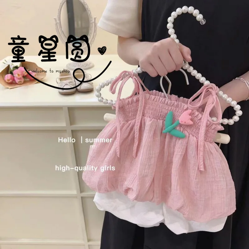 

Girls' Summer Clothes Two-Piece Suit New Children Straps Top Trendy Chiffon Shirt Baby Girl Shorts Suit