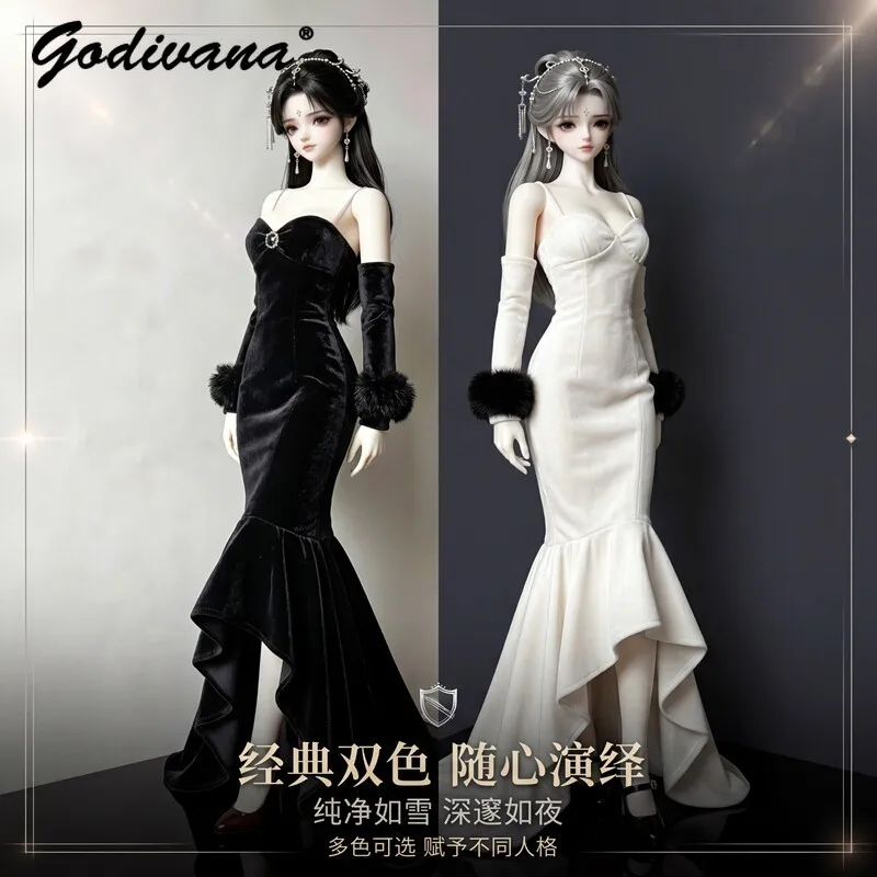 1/3 1/4 62/70 BJD Doll Clothes Expensive Dinner Party Velvet Fishtail Dress Luxury Suspender Long Train Gown Fur‑trim Sleeves
