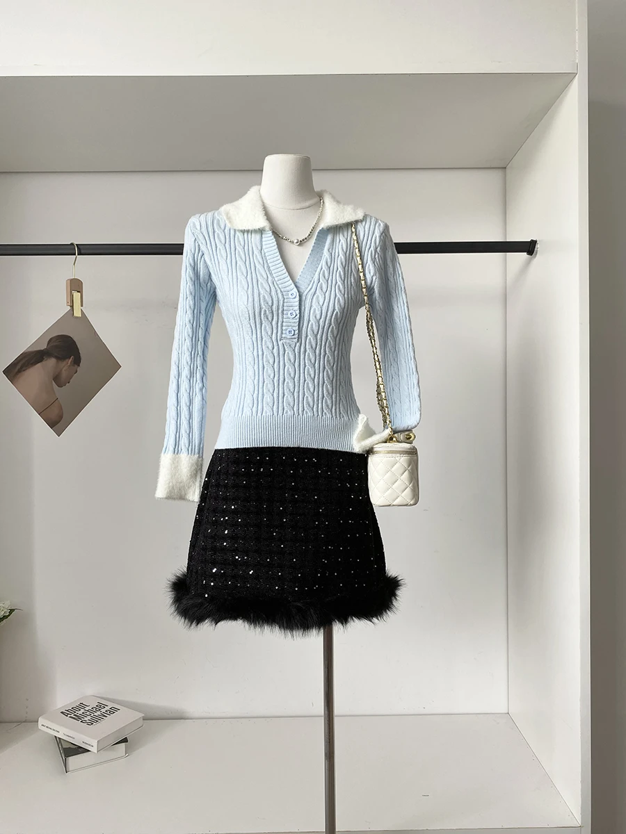 

Модная женская юбка А-силуэта с блестками и бахромой, высокая талия, облегающий крой, роскошный стиль, полиэстер, весна 2026