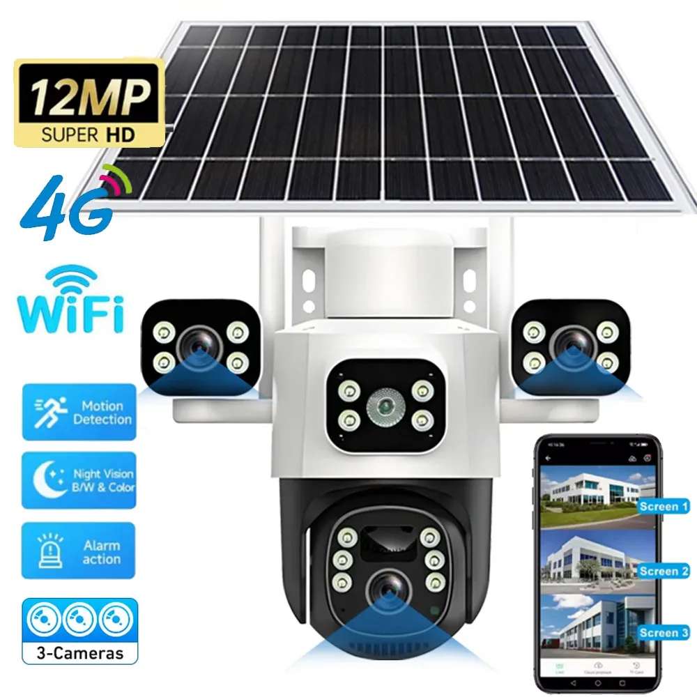 6K 12MP Solar 4G IP Camera CCTV Three Lens Three Screen Auto Tracking Outdoor WIFI Surveillance PTZ Camera Security Protection