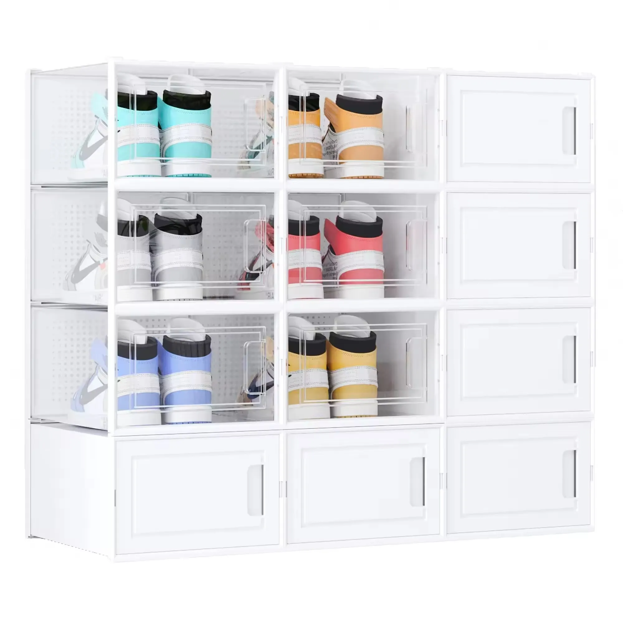 

WAYTRIM Stackable Shoe Storage Boxes 12 Pack Organizer for Sneaker Drop Front Container Bins Fit to Size 13 - Clear White