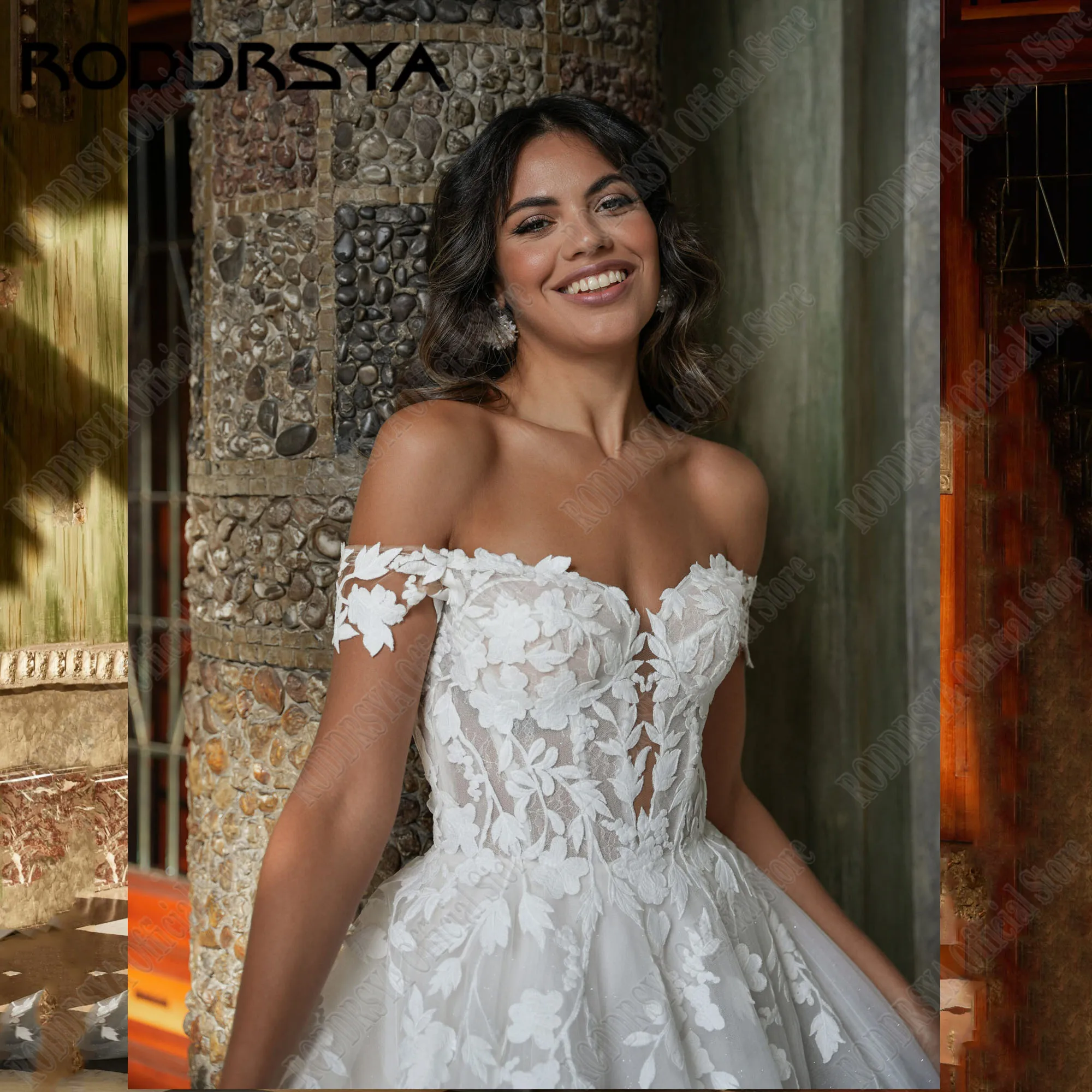 RODDRSYA Wedding Dress 2024 Off Shoulder Sparkling Bride Gown Sweetheart Applique Backless Vestido De Novia Glitter Tulle A-Line