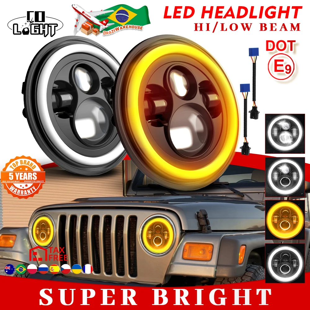 CO LIGHT Wrangler LED Headlights Dot E9 with Halo 7 Inch Round LED Headlight with Daytime Running Light DRL Turn Signal 12V 24V