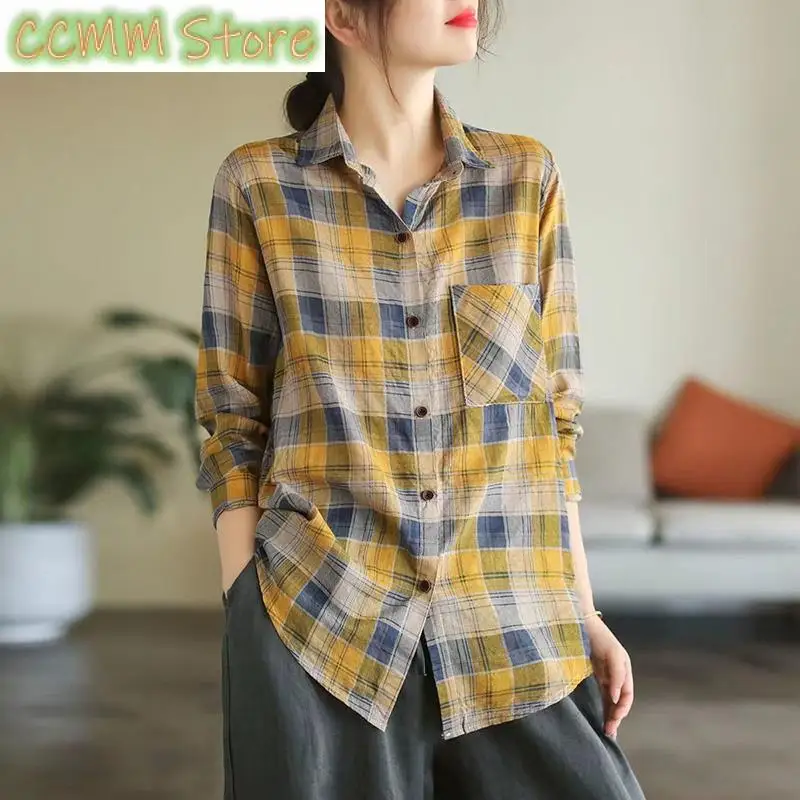 

Fashion Lapel Button Spliced Pockets Lattice Shirt Women Clothing Autumn New Loose Casual Tops All-match Korean Blouse