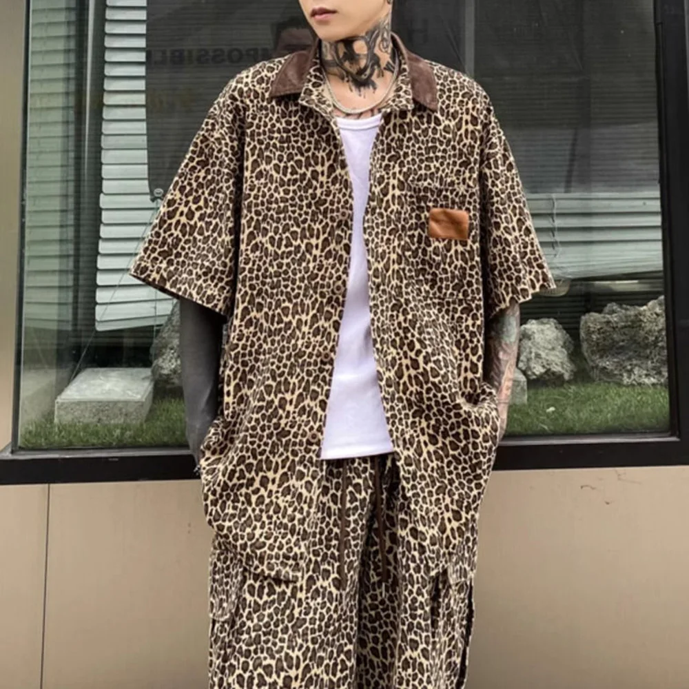 Mens Y2k Two-Piece Suit 2024 Summer New American Street Retro Leopard Print Casual Short-Sleeved Cardigan Shorts Two-Piece Suit