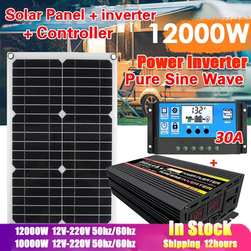 kit de painel solar 10000w 12000w 12v a 110v 220v inversor de energia de onda senoidal pura controlador de carregador de bateria para rv viagem van campista 01