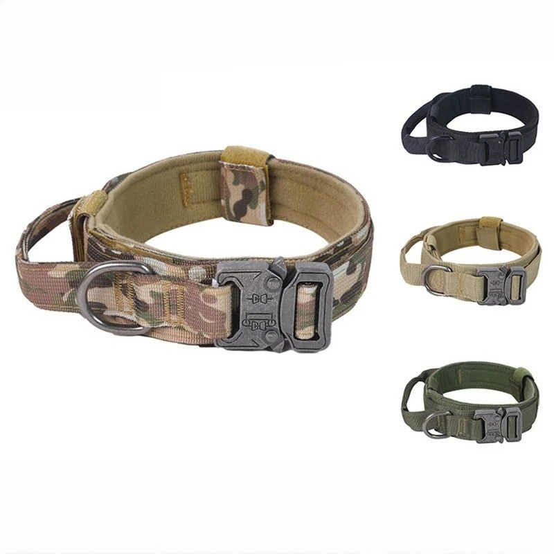 Military Tactical Dog Collar with Control Handle, Heavy Duty Metal Buckle Breathable Nylon Collar for Medium Large Dogs Training