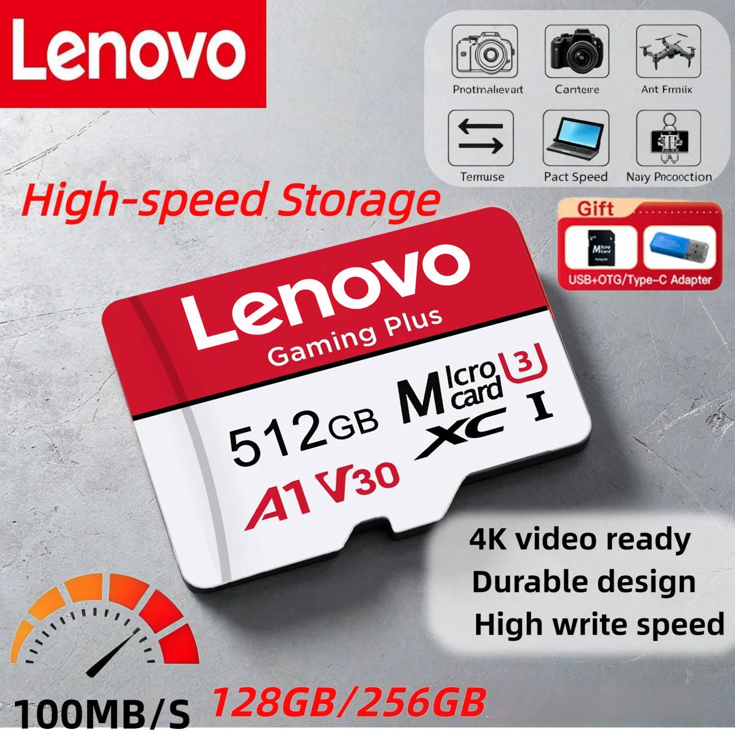 Lenovo 512GB Game-Exclusive Micro TF SD Card A2 V60 High Speed 4K Ultra-HD Video Flash Cards TF Memory Card for Phone Camera PC