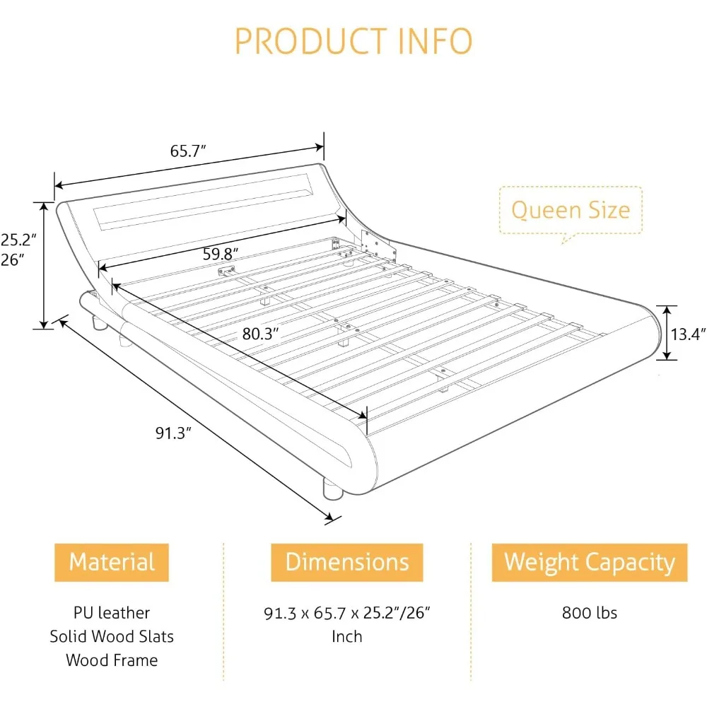 Marco de cama tamaño queen LED con cabecera ajustable, soporte de listones de madera fuertes y base de colchón, no necesita somier, negro