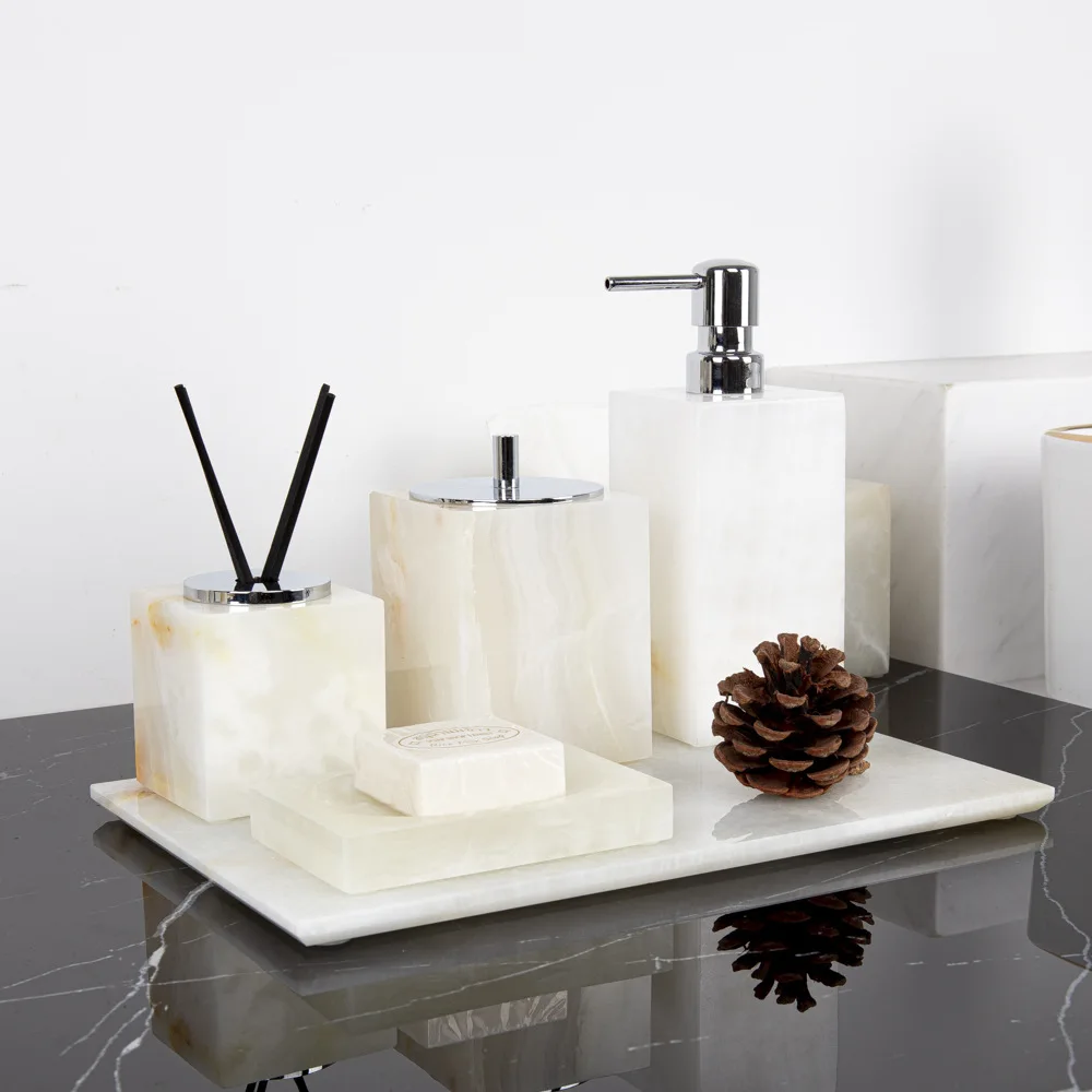 White Onyx Natural Marble Bathroom Set Luxury Soap Dispenser Tissue Box Vanity Tray Toothbrush Holder Set for Bathroom