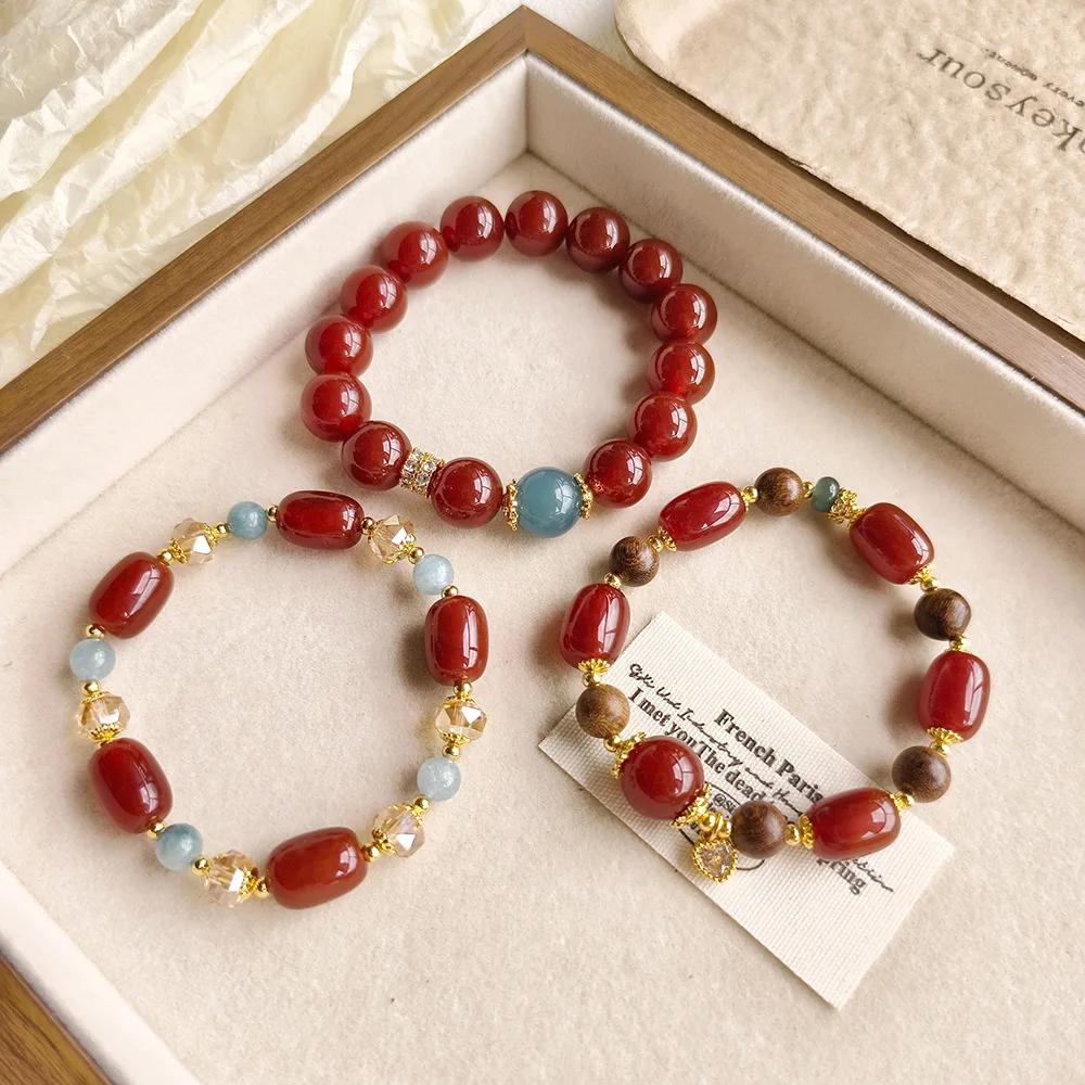 12MM Natural Red Agate Oval Beaded Stretch Bracelet for Women Single Strand Wristband Vintage Natural Stone Hand Bangle Jewelry