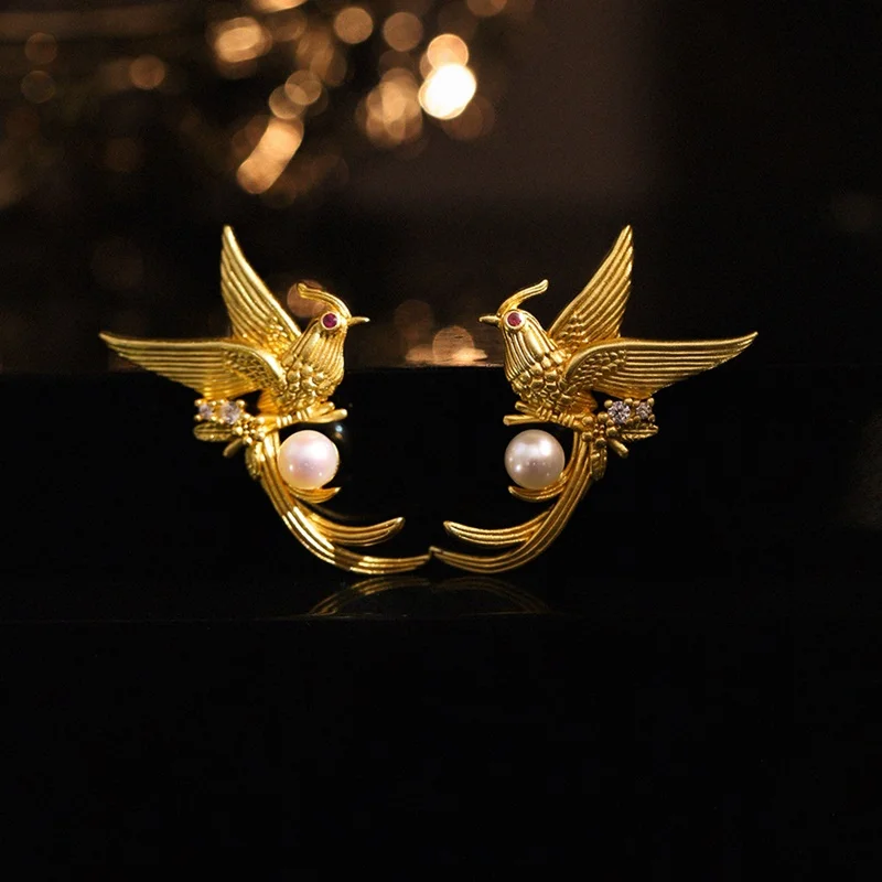 QEENKISS 24KT Gold Vintage Magpie Stud Earrings For Women Wedding Party Birthday Christmas Bride Mother Girl Lady Gifts EG5519