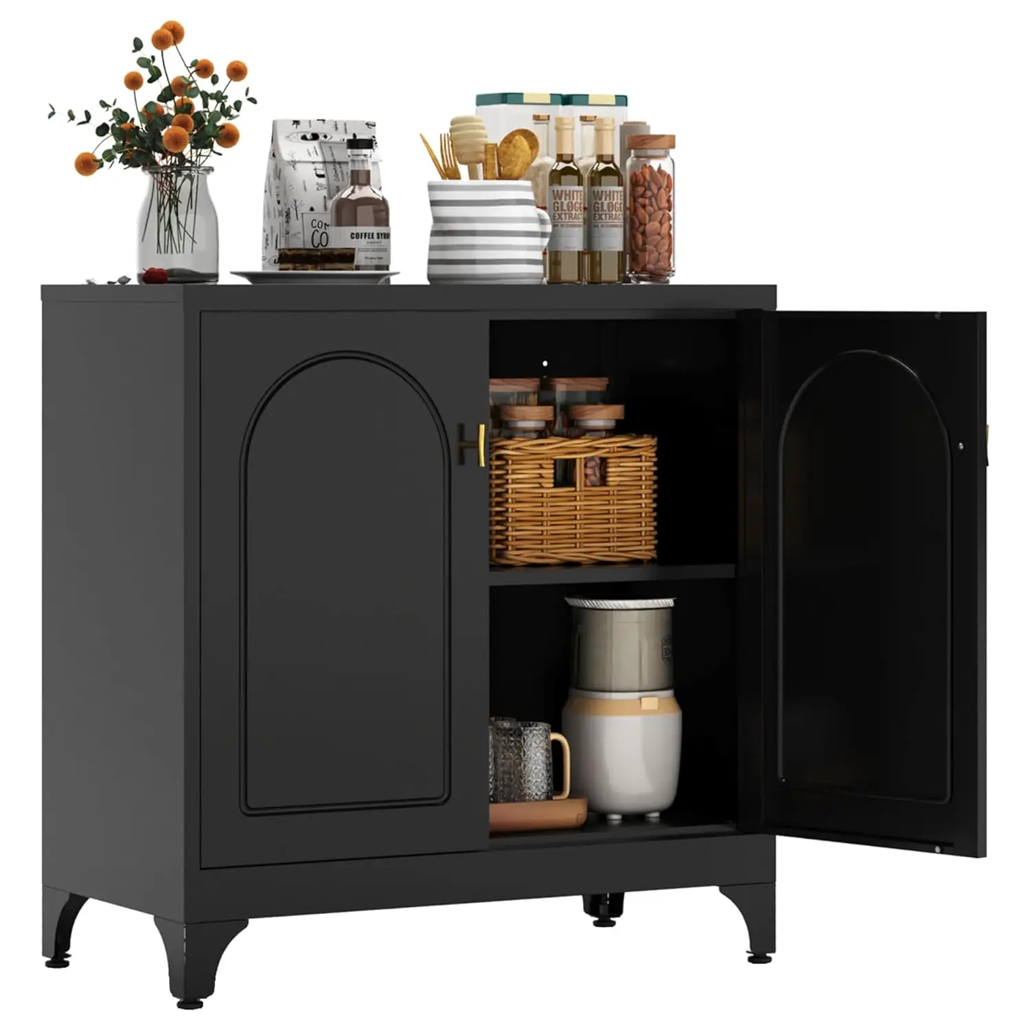 

Metal Storage Cabinet With 2 Doors, 33"H Black Sideboard Cabinet, Small Kitchen Cabinet With Adjustable Shelf, Coffee Bar Cabine