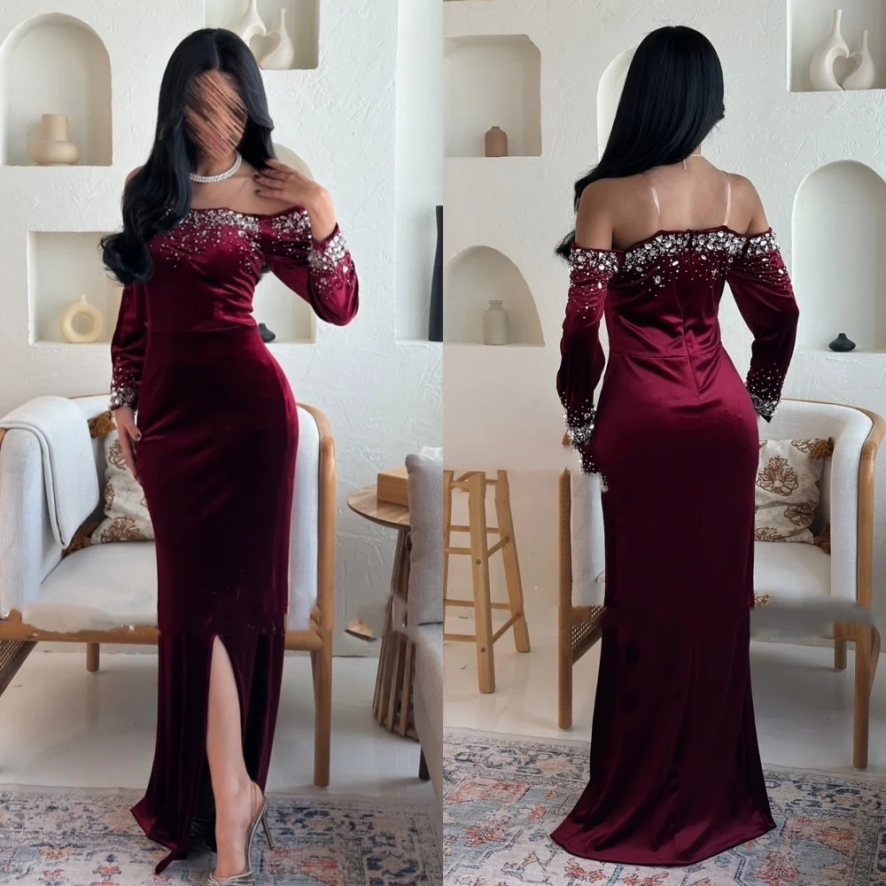 Vestidos largos personalizados con lentejuelas de terciopelo exquisito, rectos, con hombros descubiertos, vestidos para ocasiones a medida, sexys