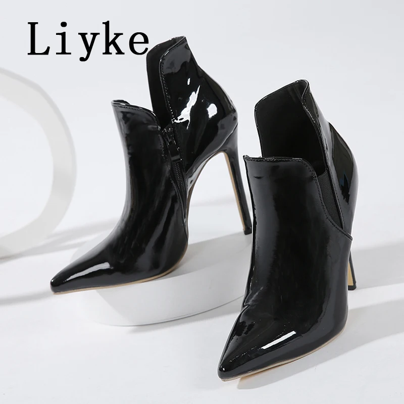 Liyke High Quality Patent Leather Pointed Toe Zip Ankle Boots For Women Spring Autumn Heels Pumps Sexy Party Club Stripper Shoes