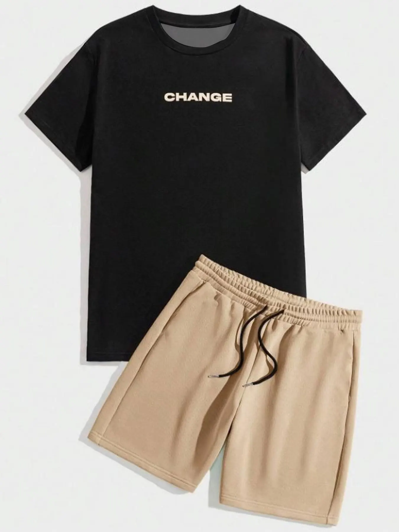 

Men's summer change letter print short sleeve shorts drawstring casual sport 2 piece set