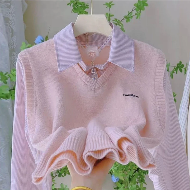 

Striped patchwork Knitted Sweater Fake Two-piece Long Sleeved Shirt Women's Spring Autumn New Casual Versatile College Style Top