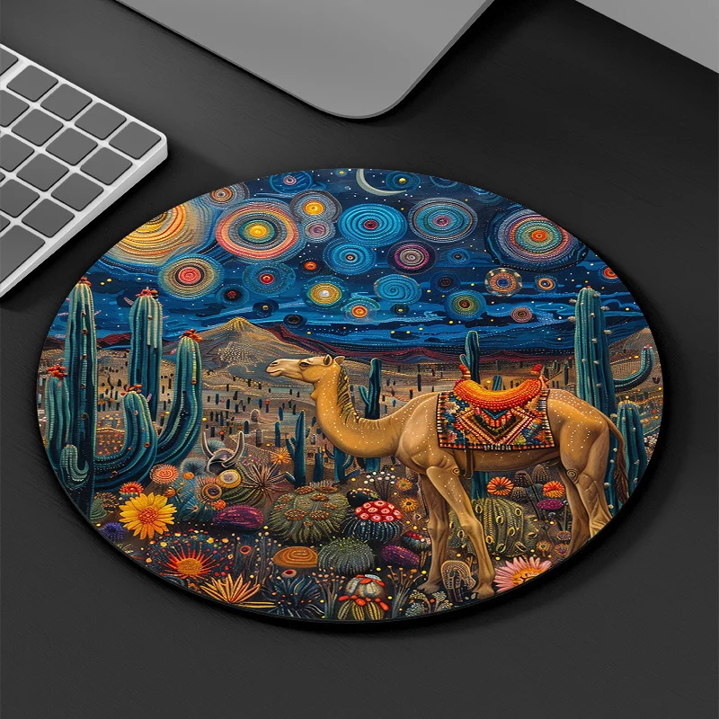 

Desert camel pattern round mousepad anti-slip rubber washable suitable for office and home use high-quality computer accessories
