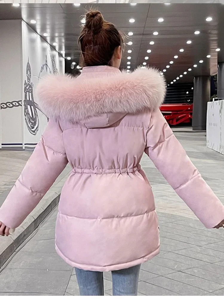 Slim Pink Padded Coat Faux Fur Collar Hooded Parkas Korean Big Size Cotton Jaqueta Waist Drawstring Midi Lenght Jackets A333