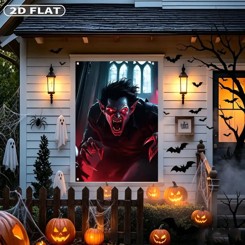 2D FLAT 1pc Party Banner, Halloween Window Cover with Scary Vampire with Red Eyes and Sharp Claws, 122x88cm, Polyester