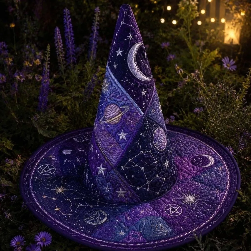 Wide Brim Halloween Witch Hat Vintage Cosplay Pointed Wizard Hat Butterfly Quilting Process Party Hat Fancy Dress