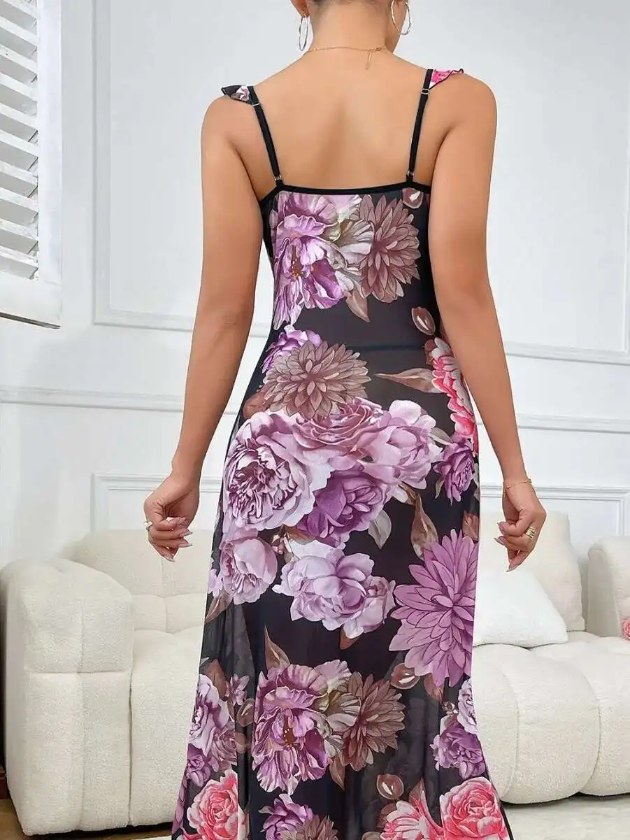 Słodkie długie sukienki Gorące seksowne koreańskie topy damskie 2025 Nowa szata Seksowna sukienka na ramiączkach Elegancka koszula nocna z nadrukiem Nowy różowy kwiat TJY2