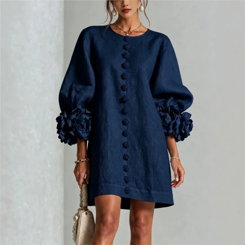 Vintage Solid Dress Ladies Puff Sleeve 3D Floral Decoration Buttons Decor Loose Straight Dress Holiday Party Daily Short Dresses